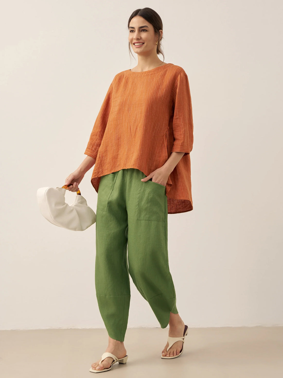 100% Linen Ruched Round Neck Blouse
