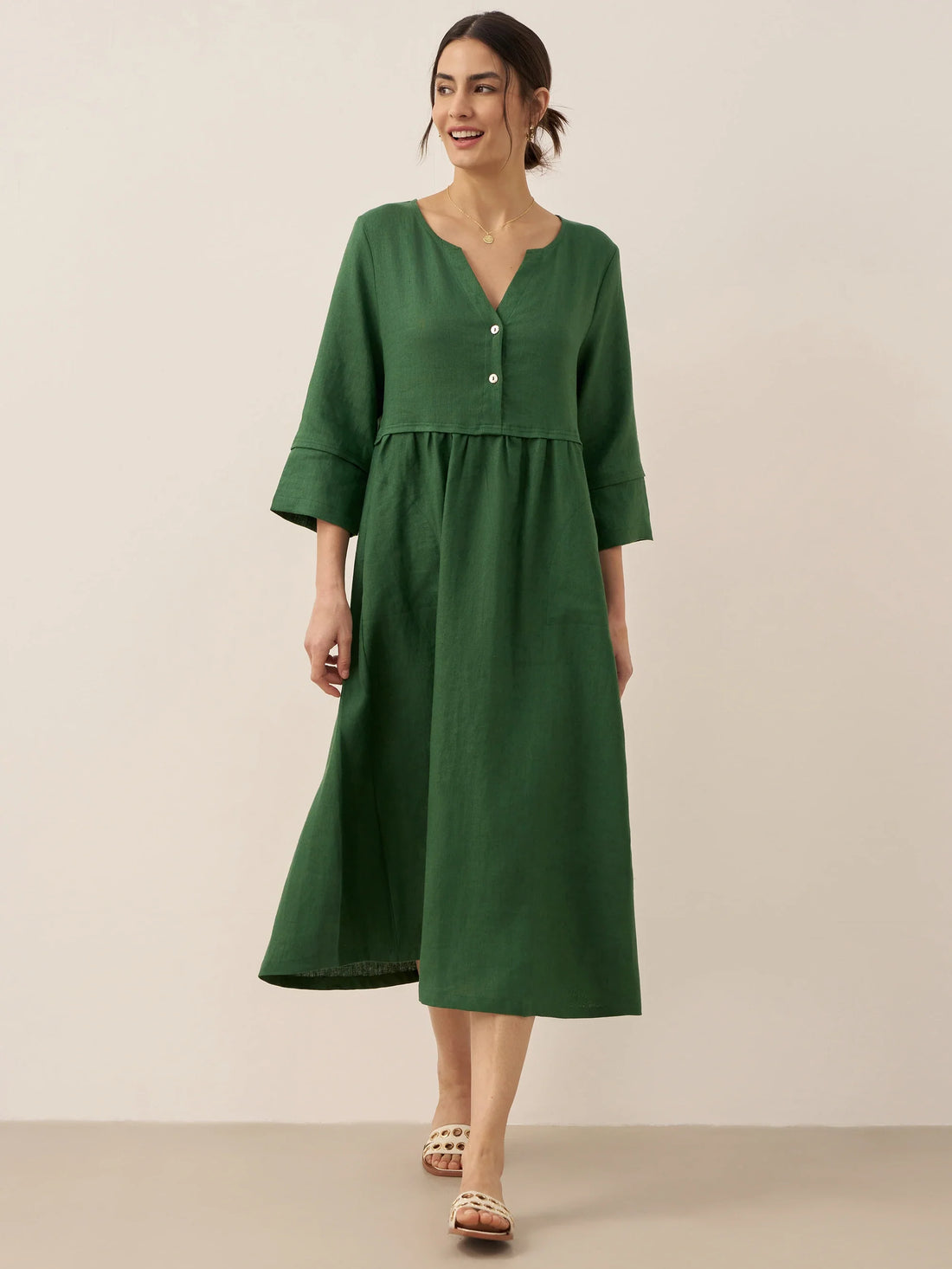 100% Linen Button-Waist Gathered V-Neck Midi Dress