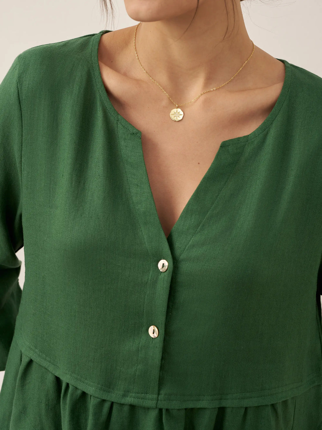 100% Linen Button-Waist Gathered V-Neck Midi Dress