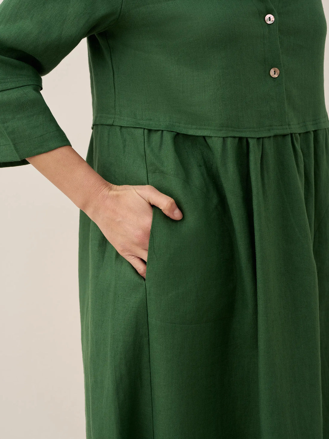 100% Linen Button-Waist Gathered V-Neck Midi Dress