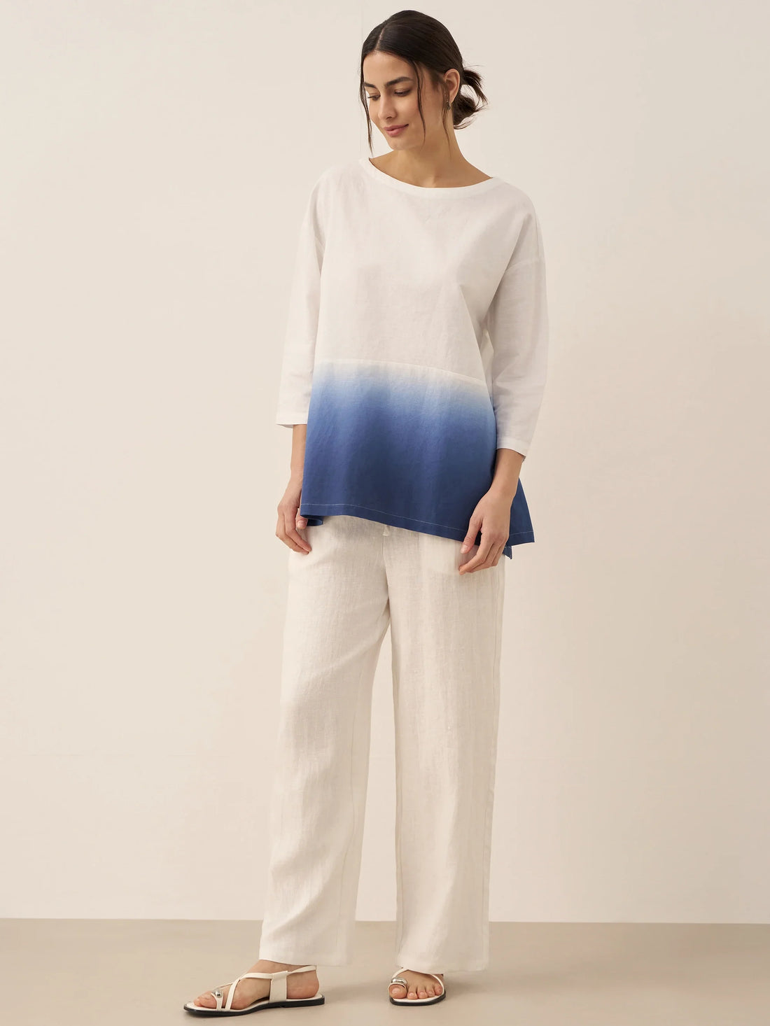 55% Linen Round Neck Straight-Fit Blouse