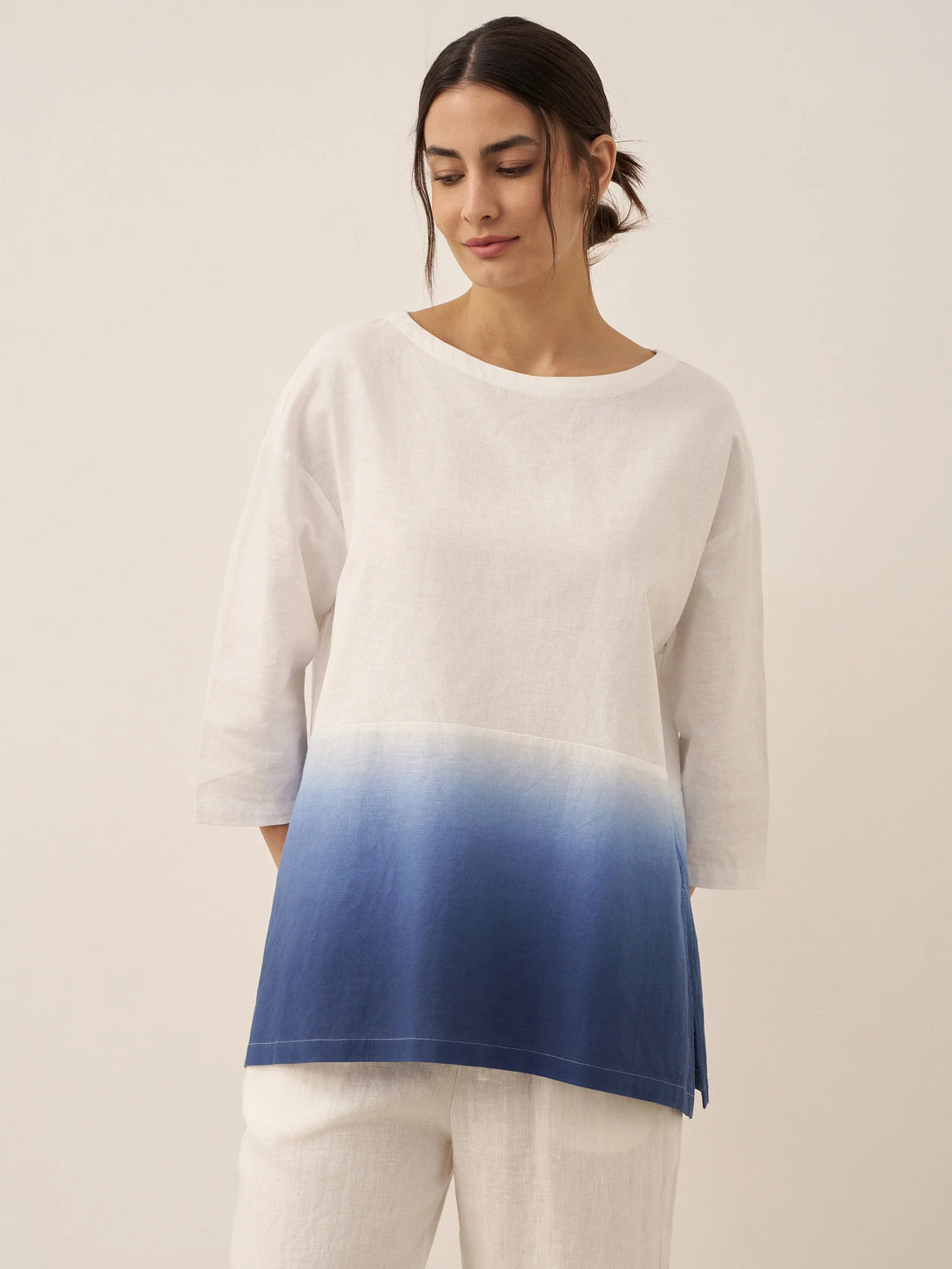 55% Linen Round Neck Straight-Fit Blouse