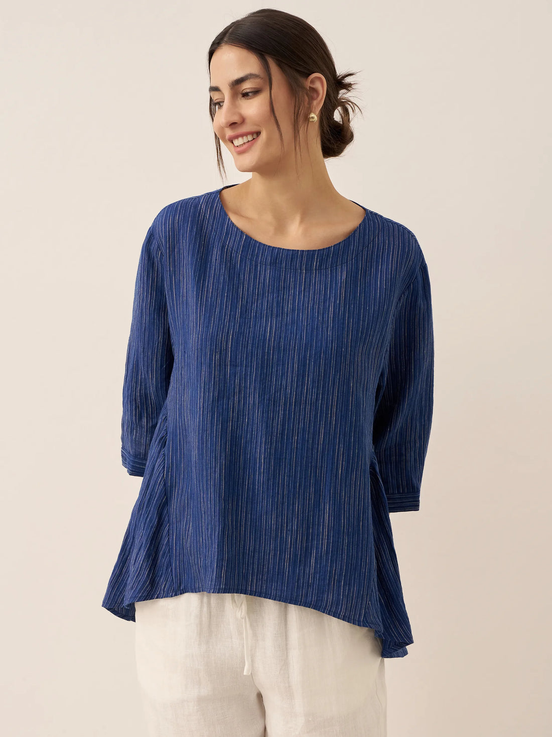 100% Linen Ruched Round Neck Blouse