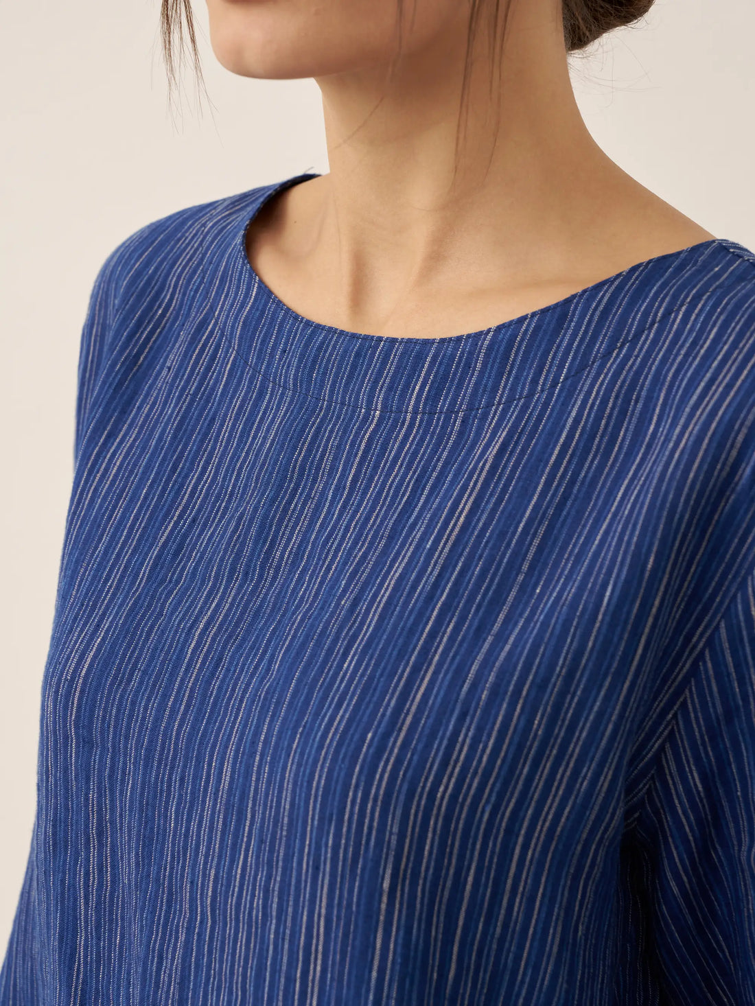 100% Linen Ruched Round Neck Blouse