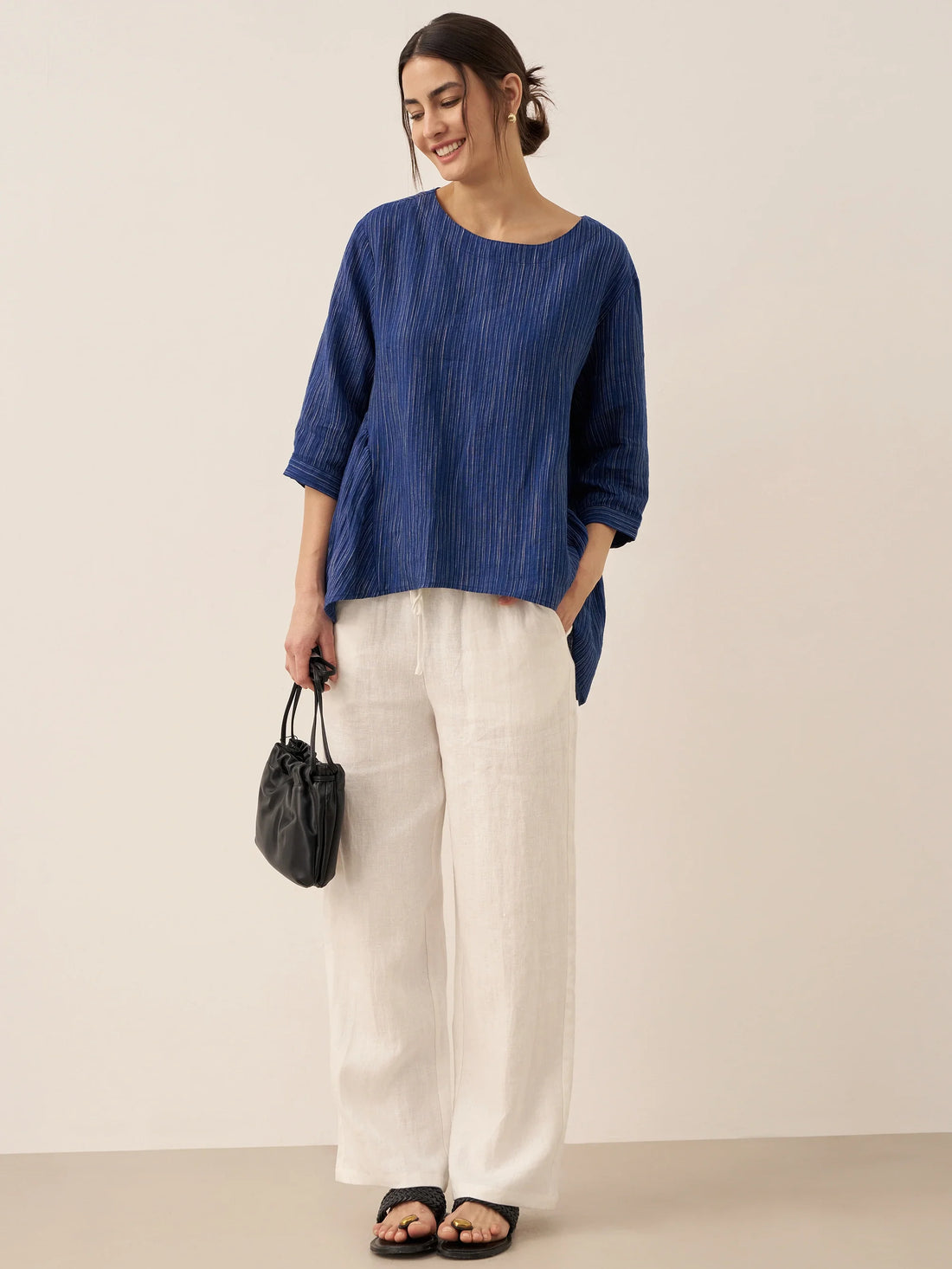 100% Linen Ruched Round Neck Blouse