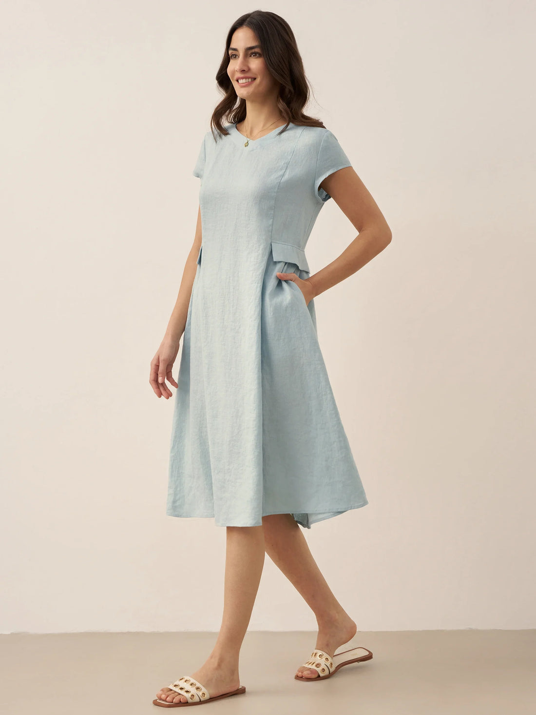100% Linen Belted V-Neck Midi Dress