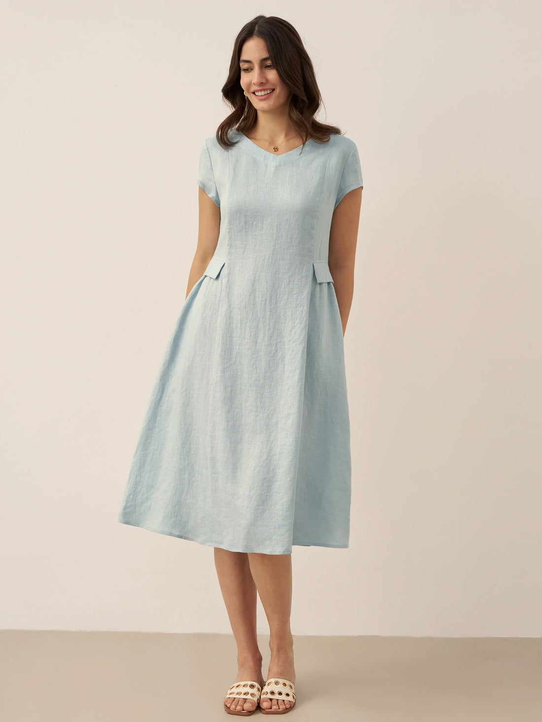 100% Linen Belted V-Neck Midi Dress