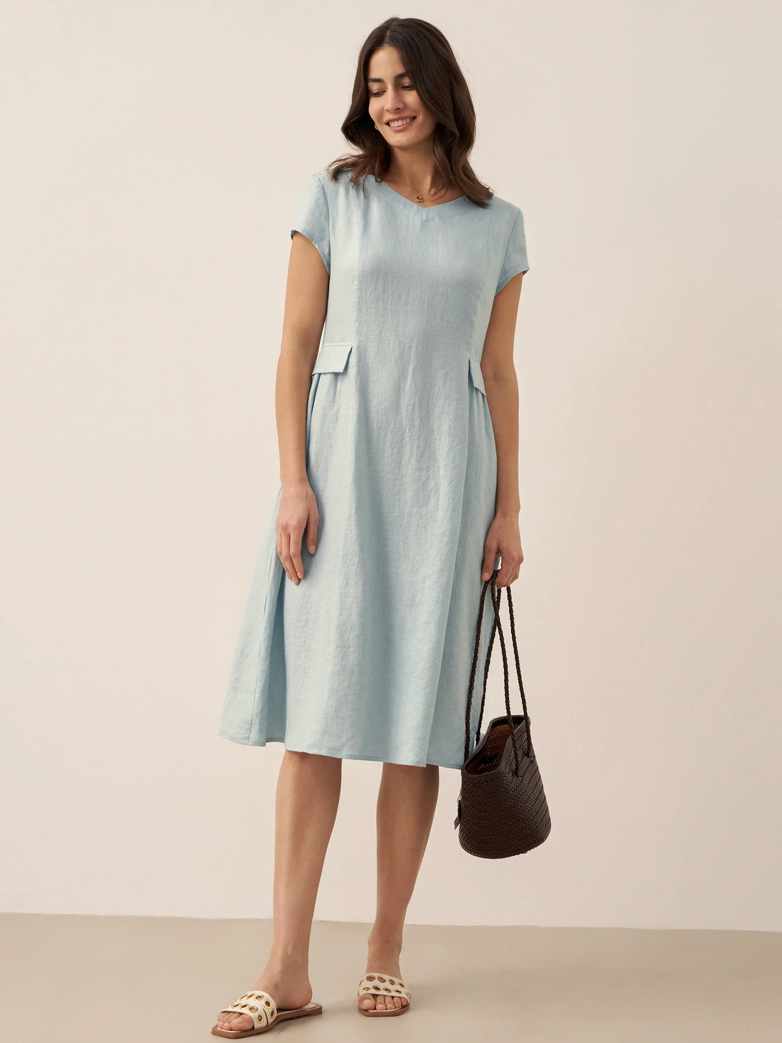 100% Linen Belted V-Neck Midi Dress
