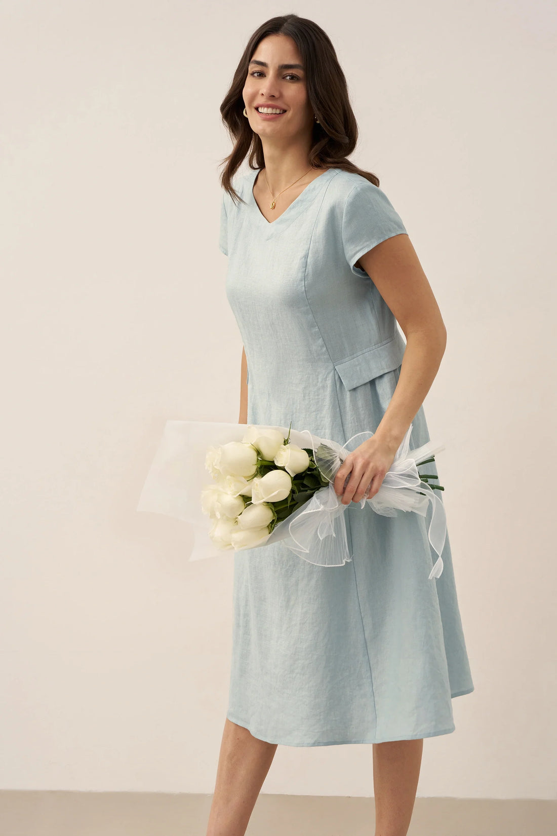 100% Linen Belted V-Neck Midi Dress