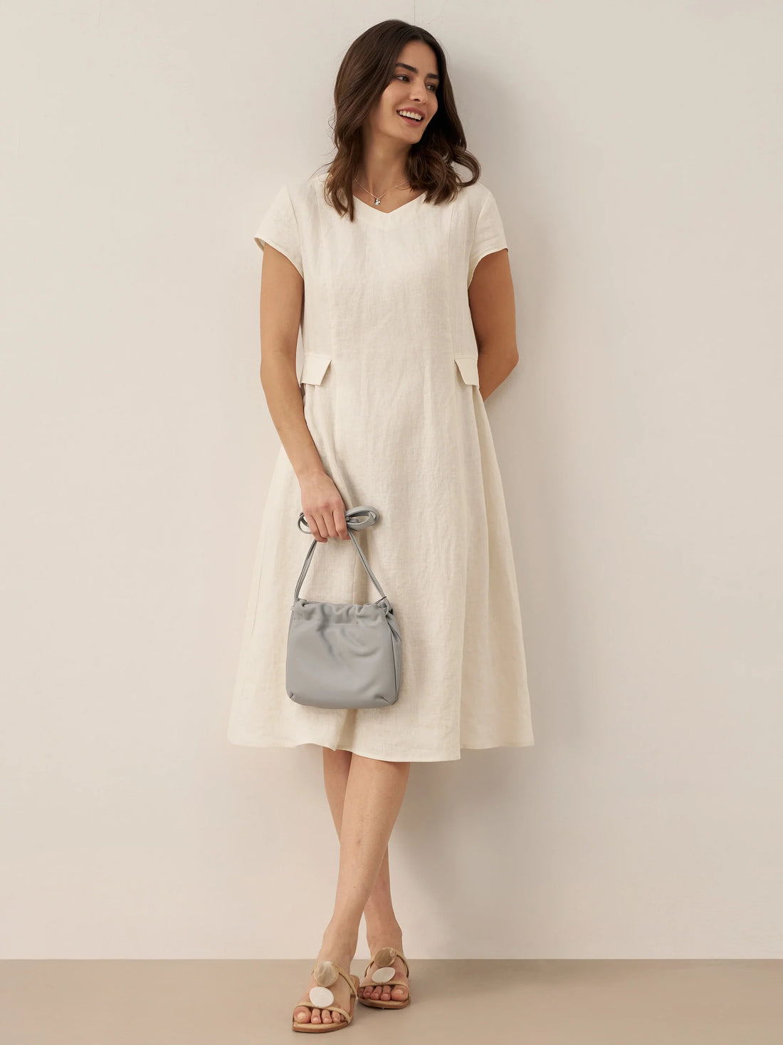 100% Linen Belted V-Neck Midi Dress
