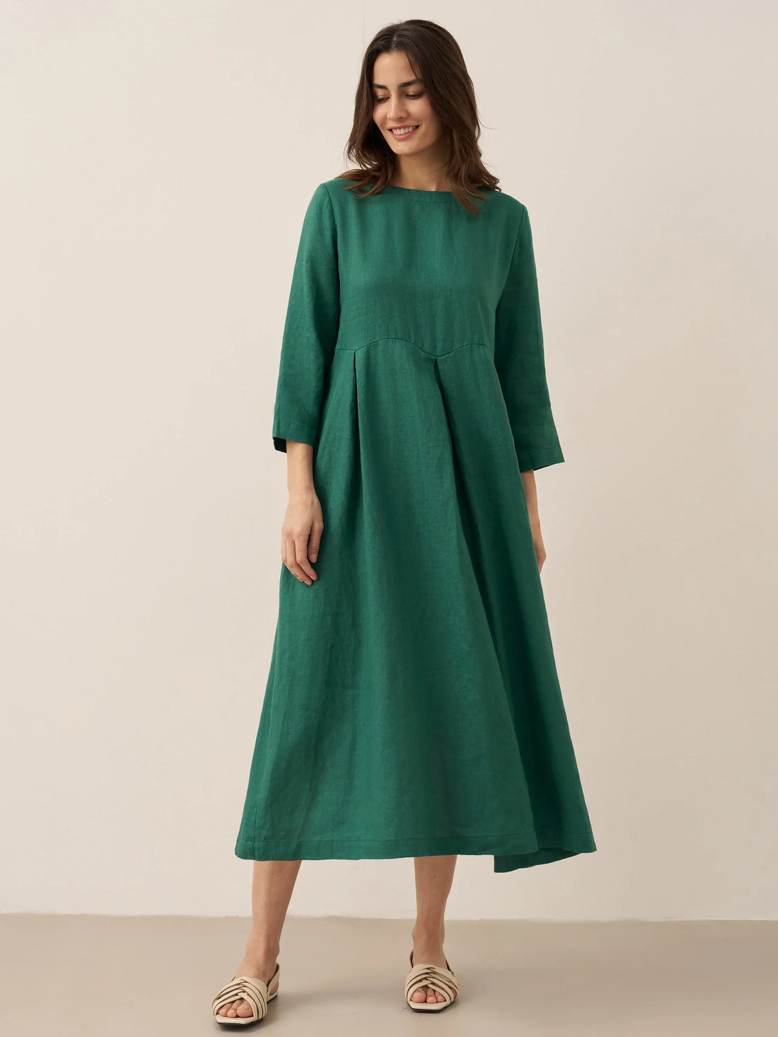 100% Linen Three-Quarter Sleeve Midi Dress