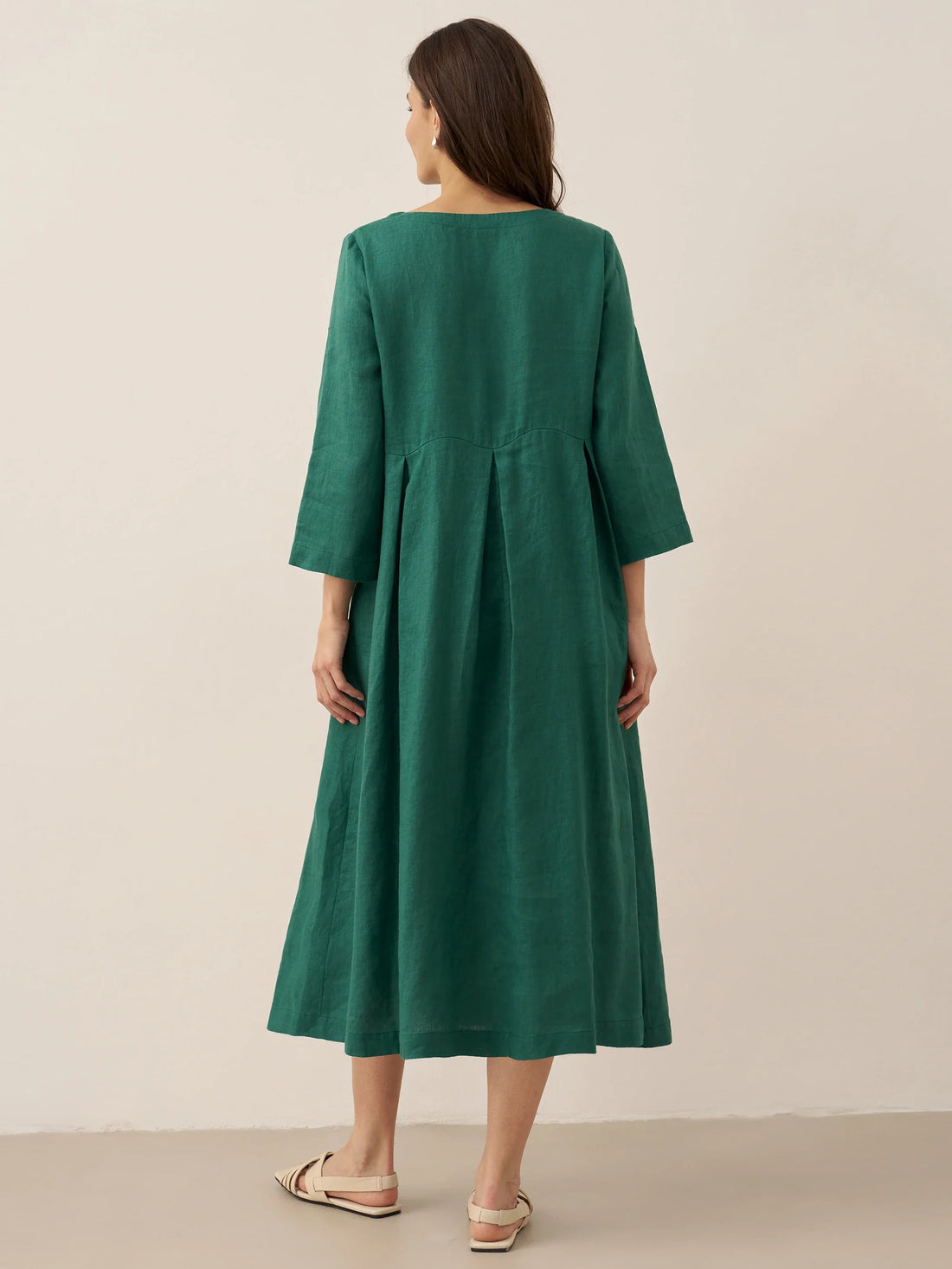 100% Linen Ruched Three-Quarter Sleeve Midi Dress