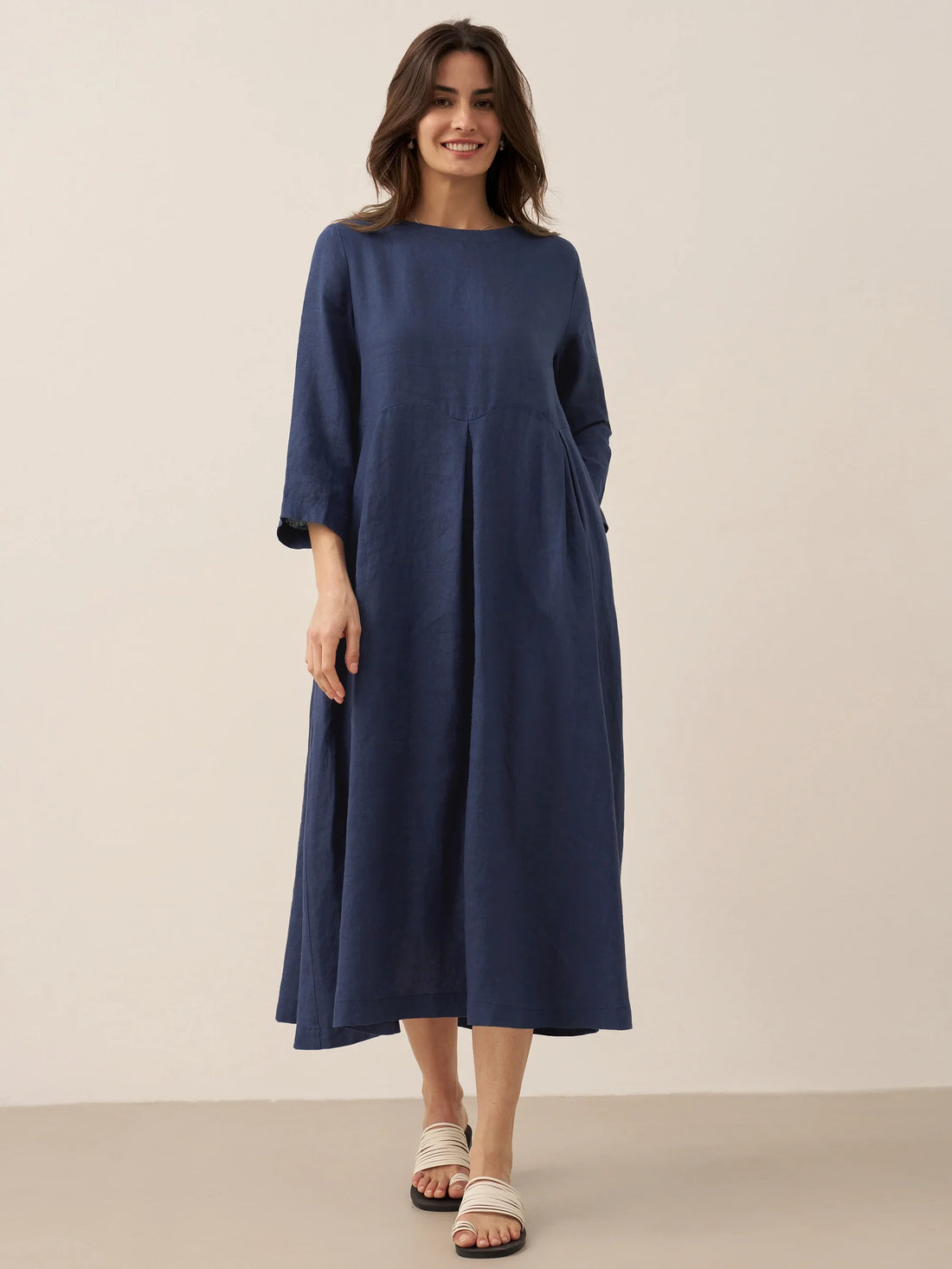 100% Linen Ruched Three-Quarter Sleeve Midi Dress