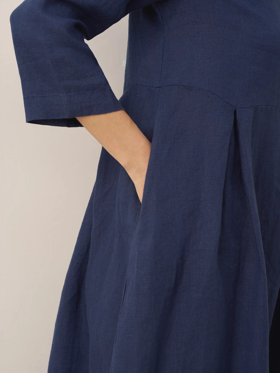100% Linen Ruched Three-Quarter Sleeve Midi Dress