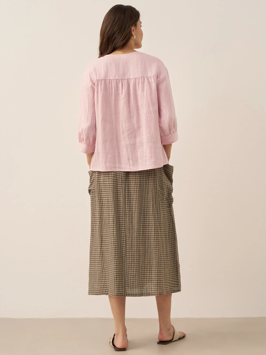 75% Linen A-Line Midi Skirt with Patch Pockets