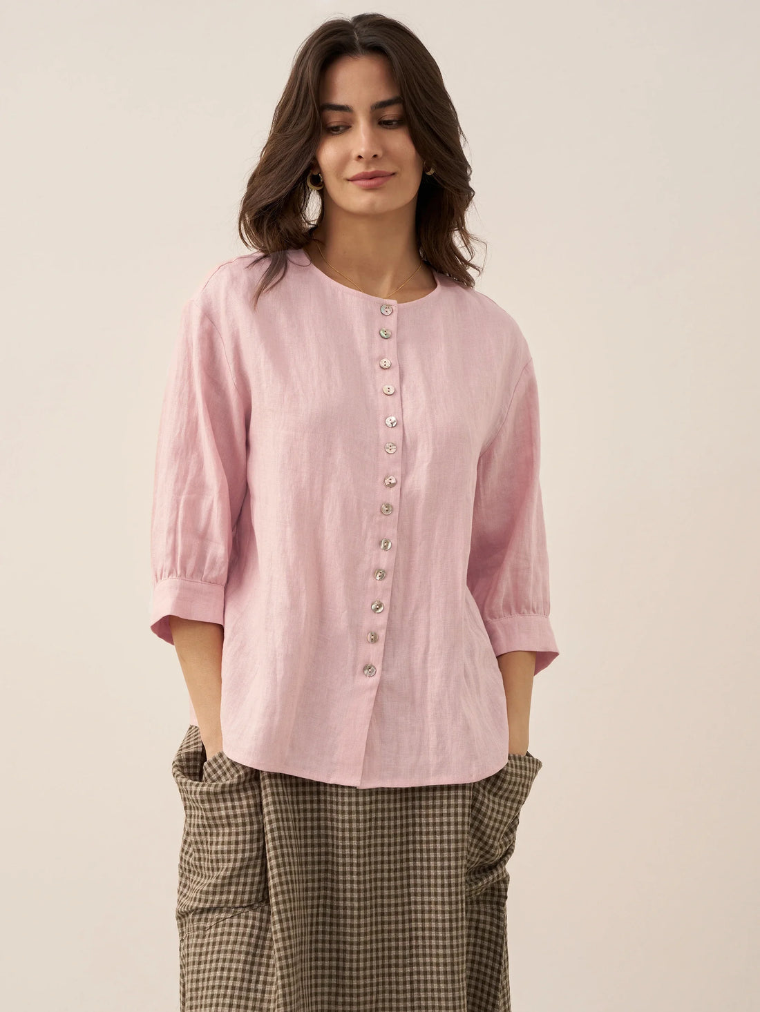 100% Linen Button-Front Drop-Shoulder Shirt