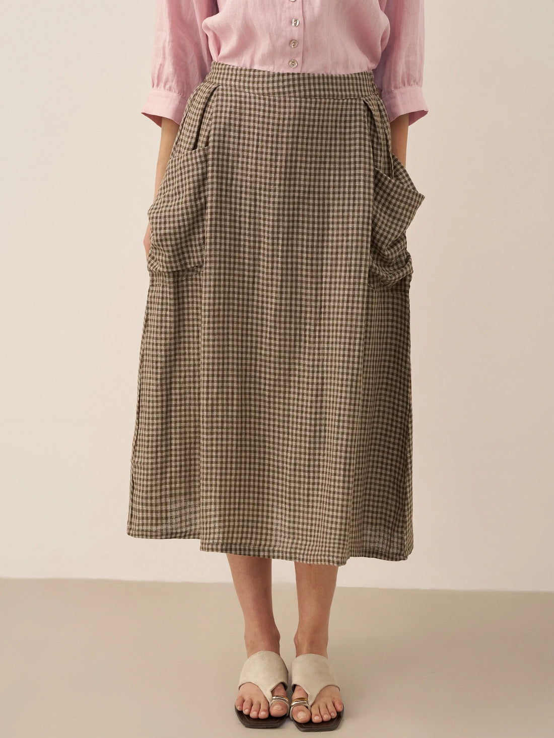 75% Linen A-Line Midi Skirt with Patch Pockets