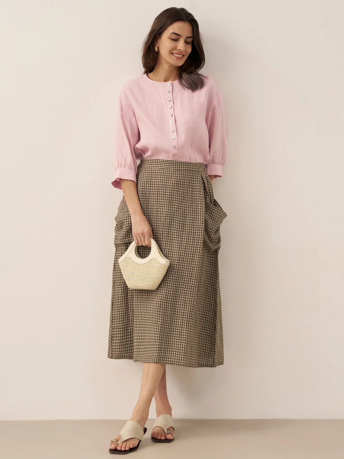 75% Linen A-Line Midi Skirt with Patch Pockets