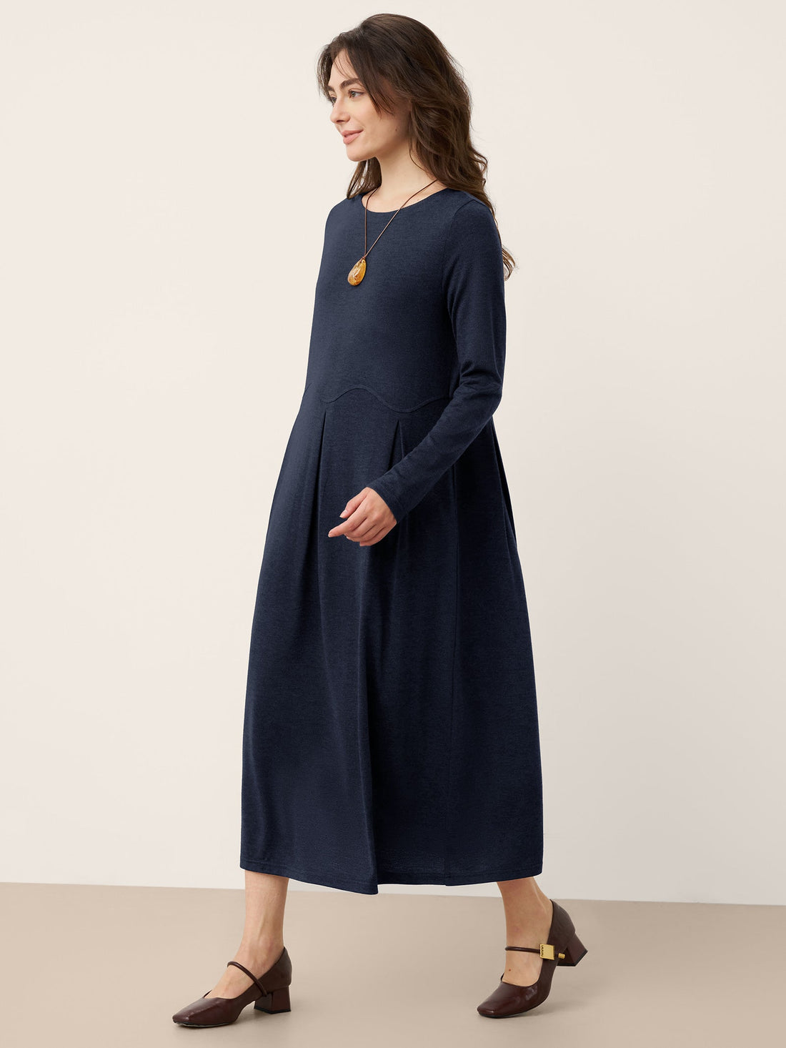 Wool Blend Pleated Round Neck Midi Dress