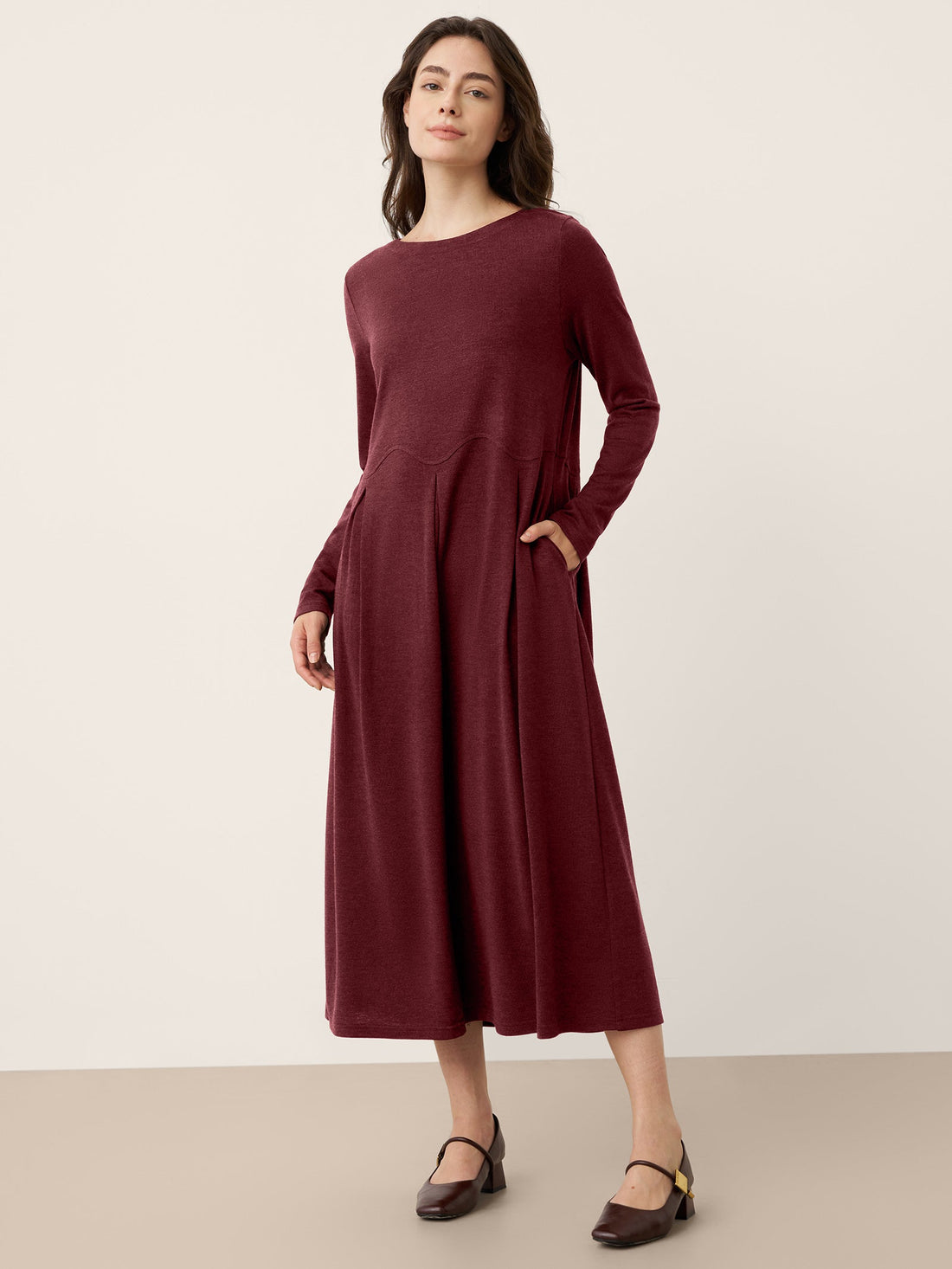 Wool Blend Pleated Round Neck Midi Dress