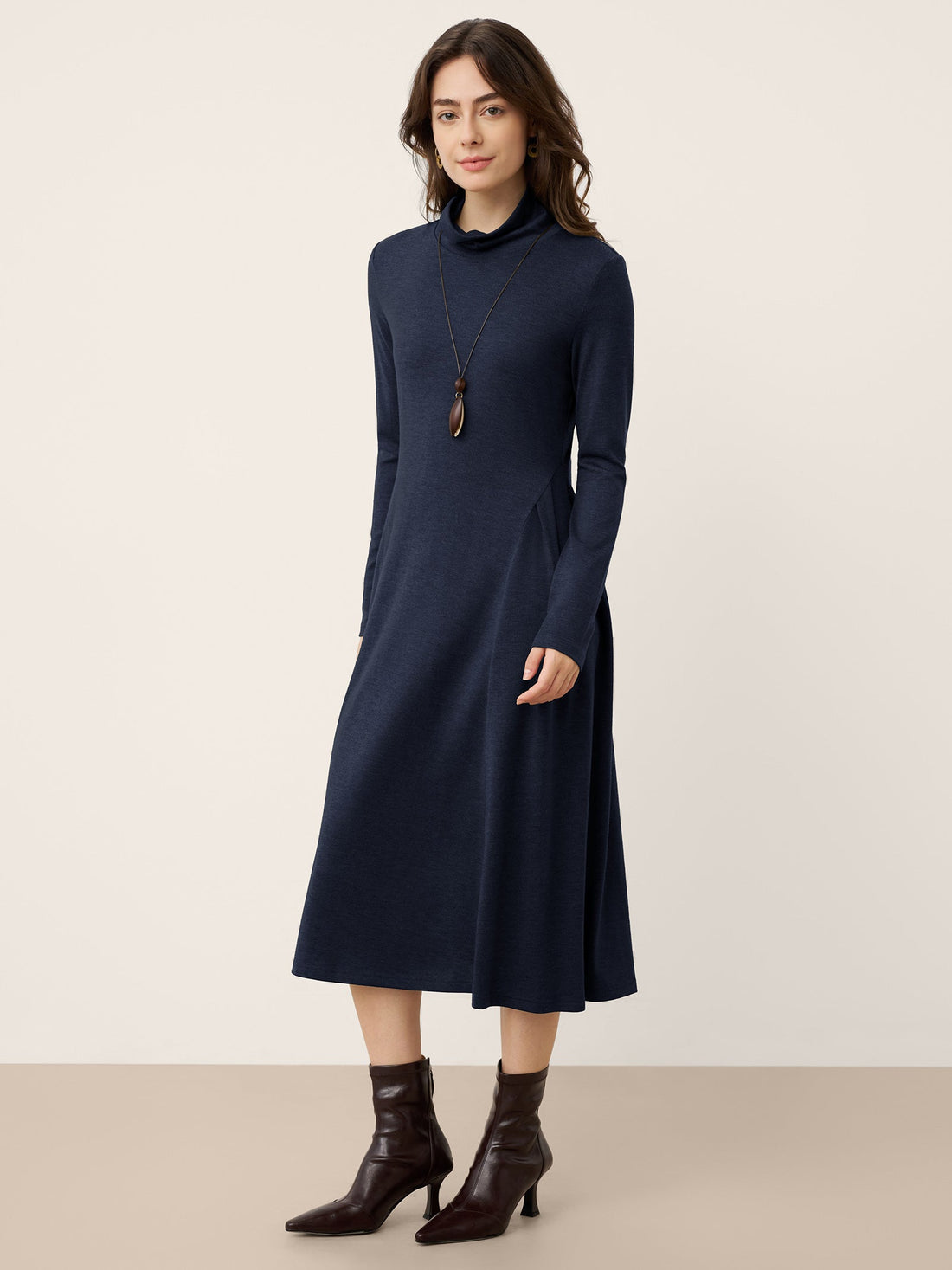 Wool Blend Pleated Midi Dress with Long Sleeves