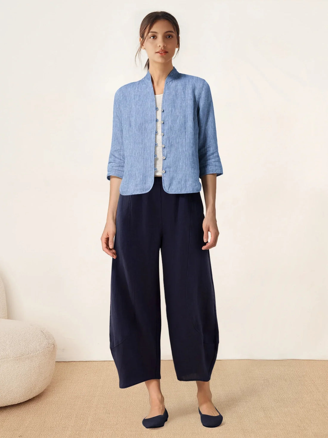 100% Linen Tailored Stand-Collar Jacket