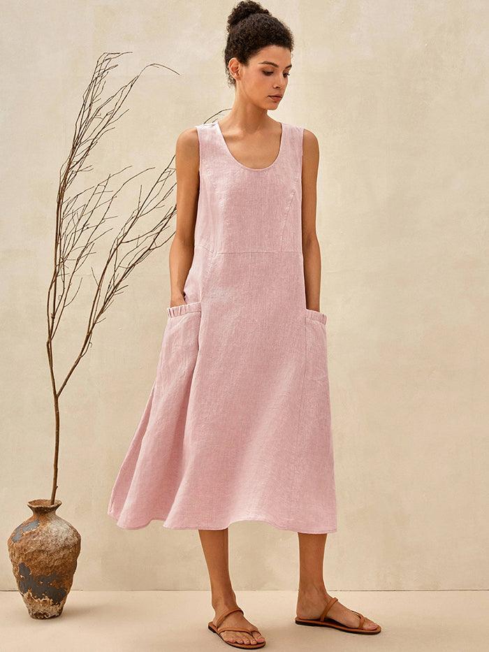 100% Linen A-Line Patch Pocket Midi Dress