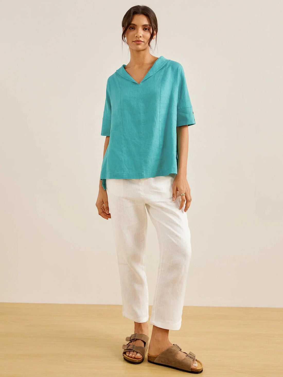 100% Linen Relaxed Half-Sleeve Blouse