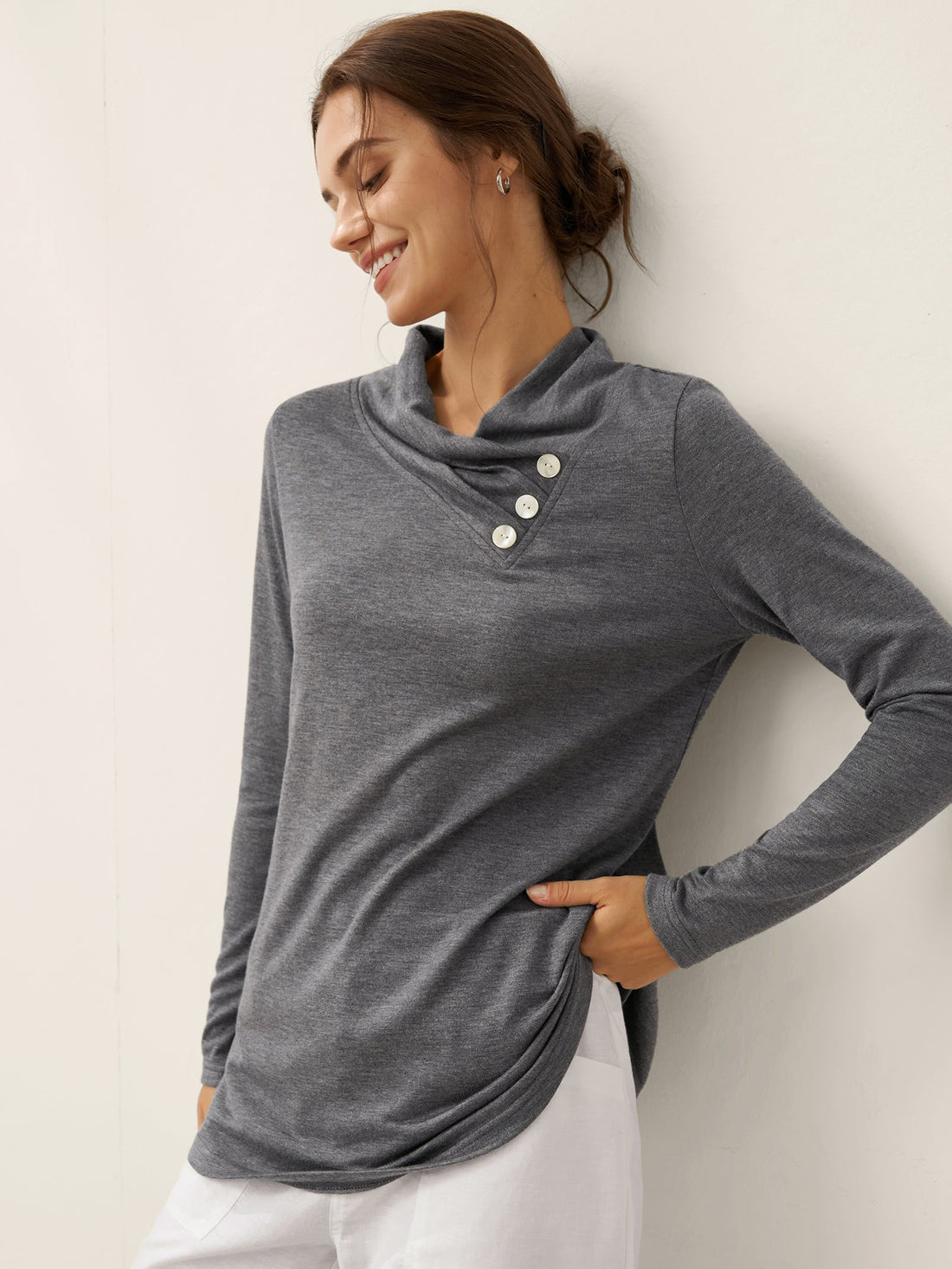 Jersey Knit Button Detail Long Sleeve Top