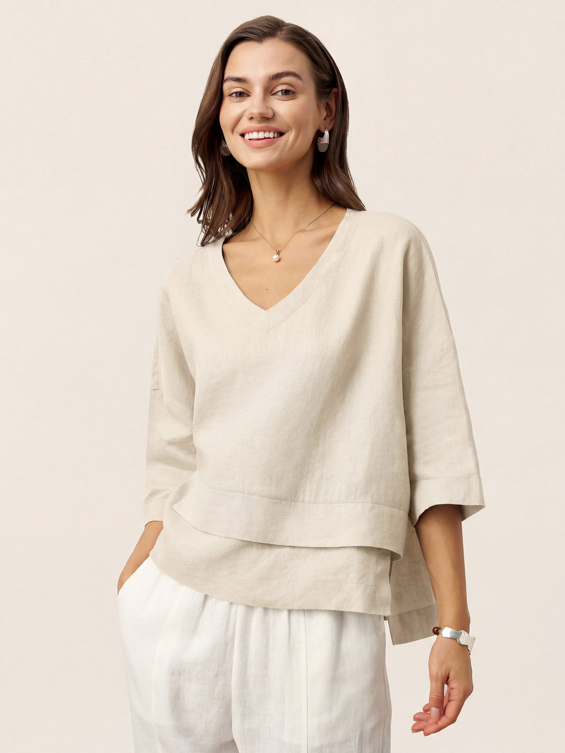 Linen Asymmetric V-Neck Half-Sleeve Shirt