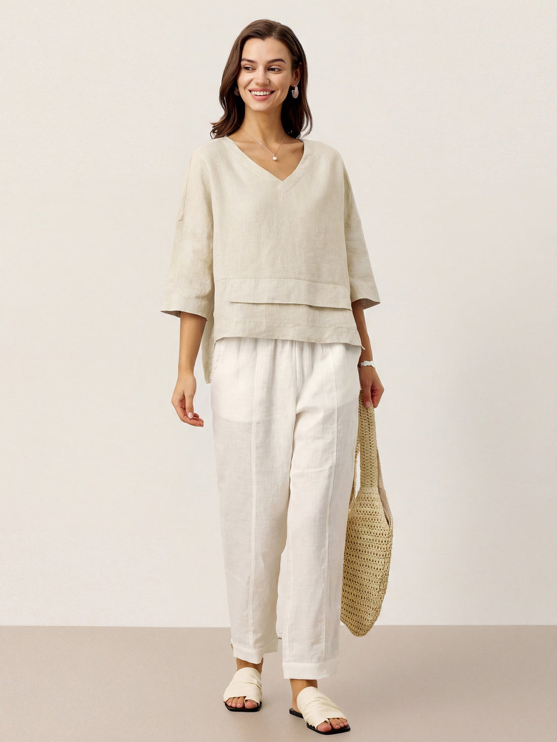 Linen Asymmetric V-Neck Half-Sleeve Shirt