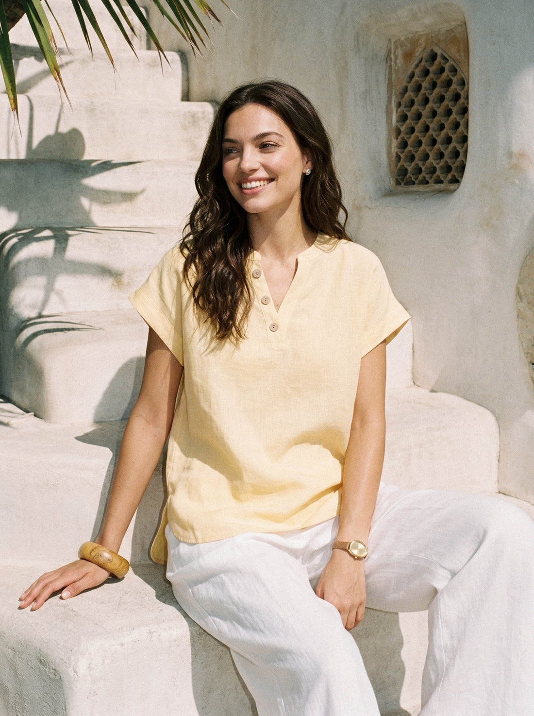 100% Linen V-Neck Short Sleeve Blouse