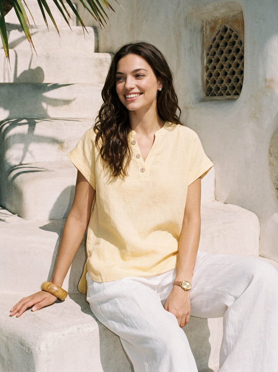 100% Linen V-Neck Short Sleeve Blouse