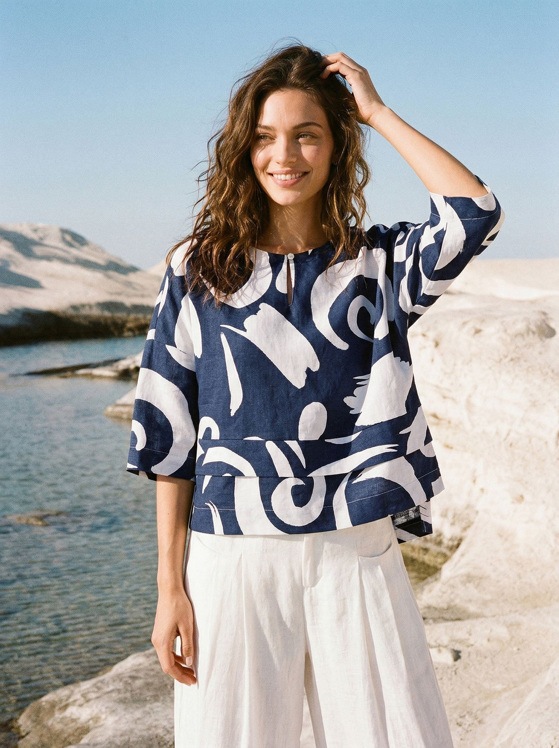 Linen Blend Round Neck Relaxed Top