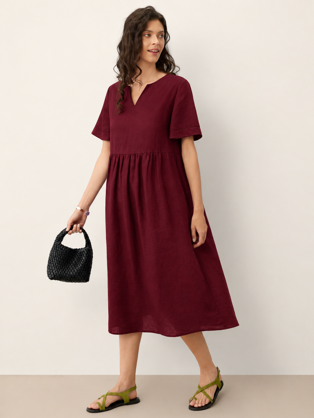 100% Linen Ruched Short Sleeve Midi Dress