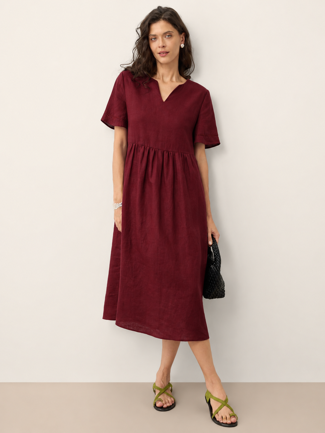 100% Linen Ruched Short Sleeve Midi Dress