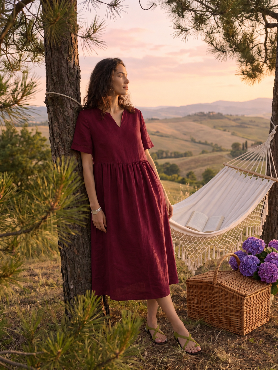 100% Linen Ruched Short Sleeve Midi Dress