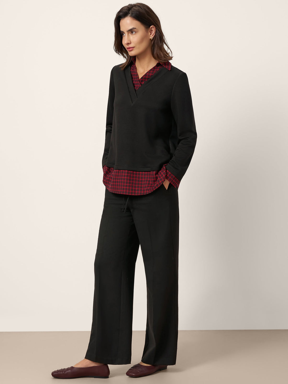 Viscose Blend Johnny-Collar Long Sleeve Top