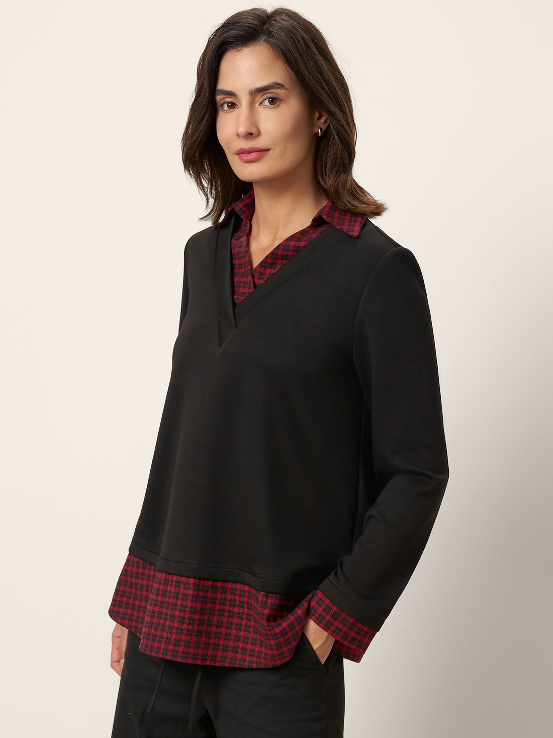 Viscose Blend Johnny-Collar Long Sleeve Top