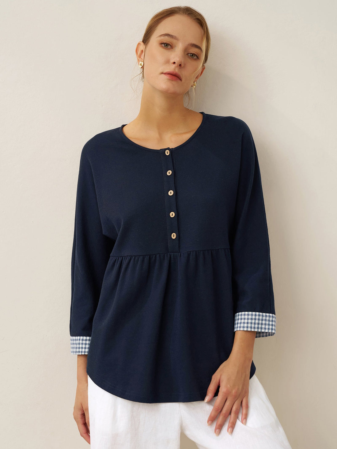 95% Cotton Ruched Round Neck Jersey Top