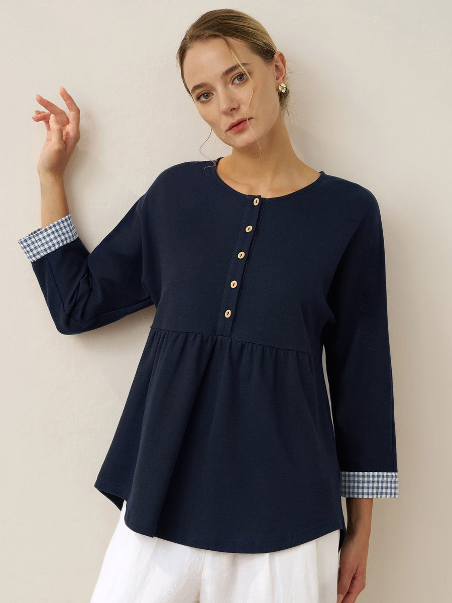 95% Cotton Ruched Round Neck Jersey Top