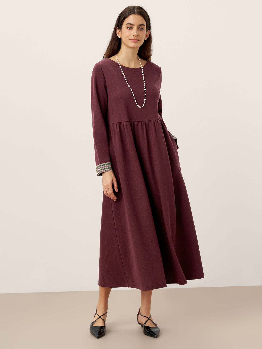 95% Cotton Ruched Long Sleeve Midi Dress