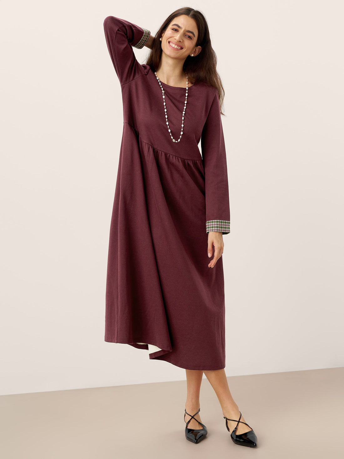 95% Cotton Ruched Long Sleeve Midi Dress