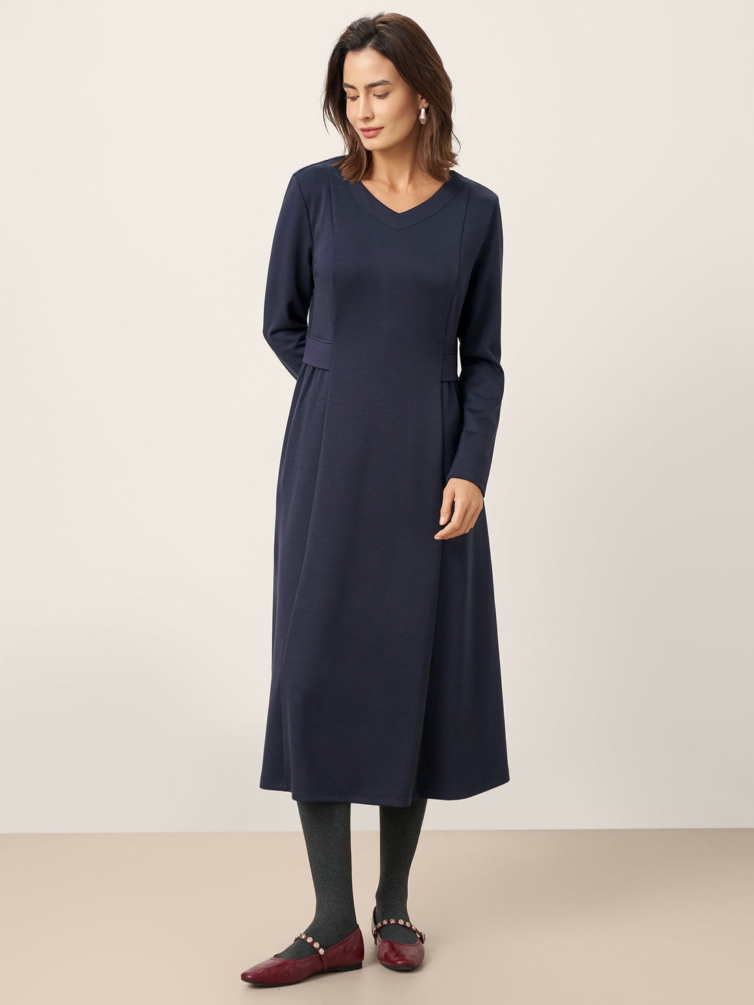 Viscose Blend Ruched V-Neck Midi Dress
