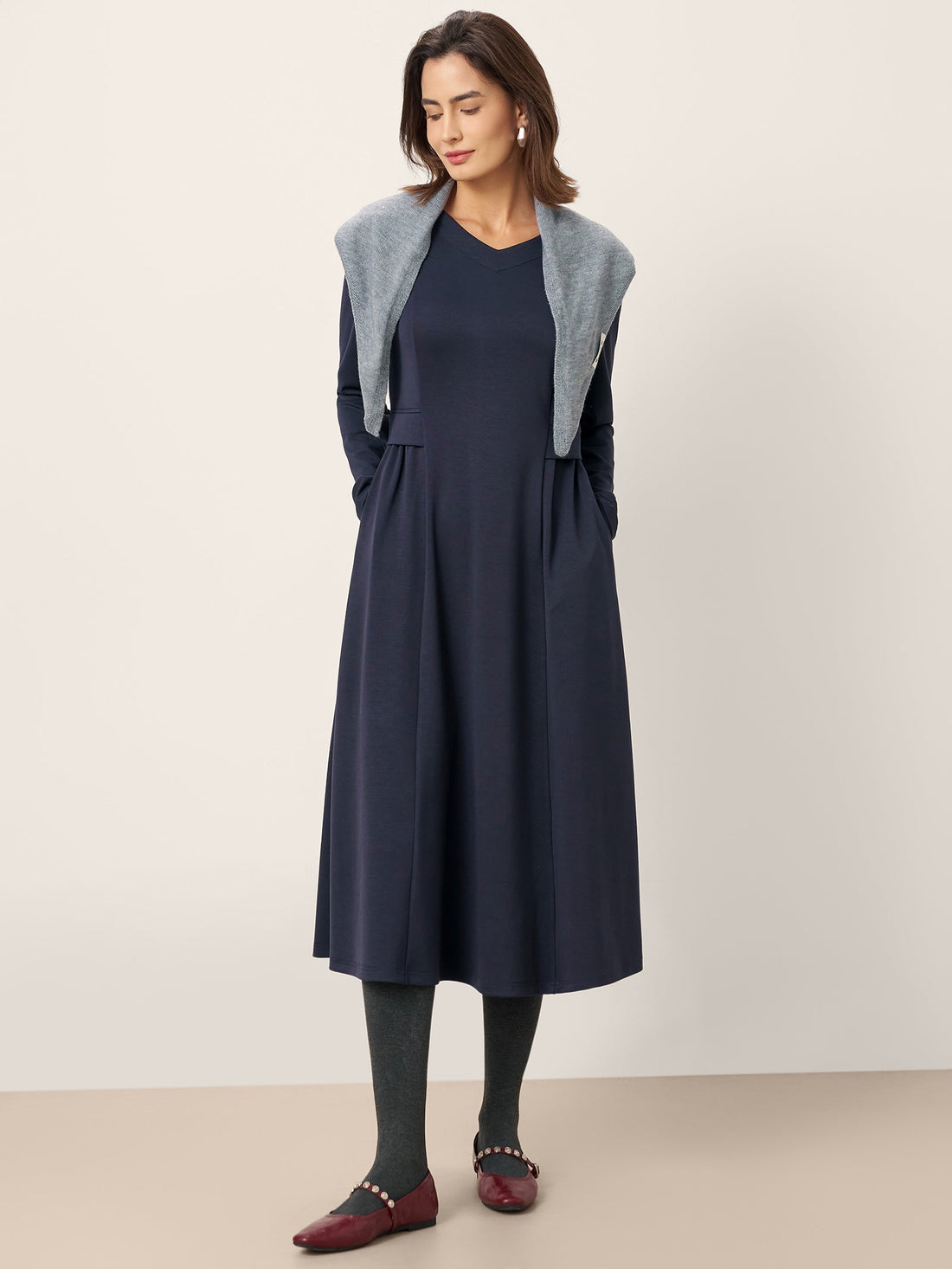 Viscose Blend Ruched V-Neck Midi Dress