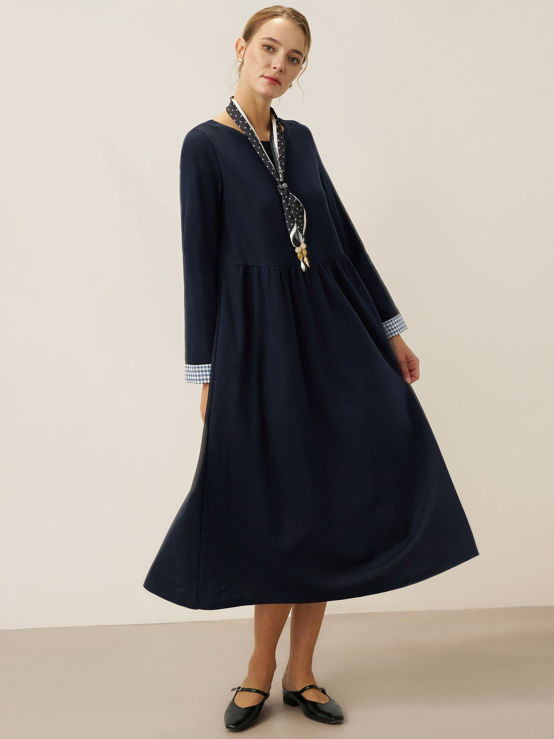 95% Cotton Ruched Long Sleeve Midi Dress