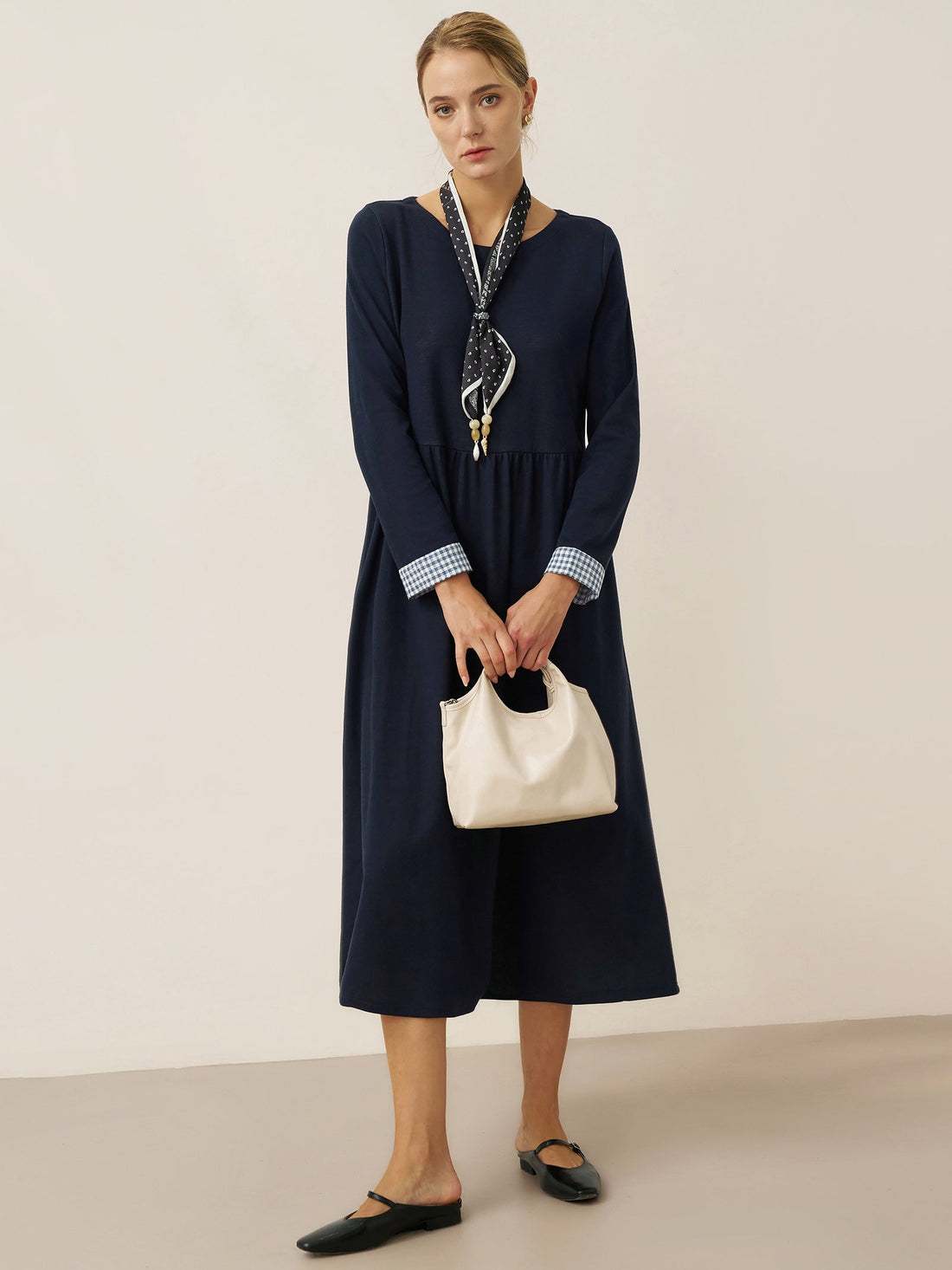 95% Cotton Ruched Long Sleeve Midi Dress