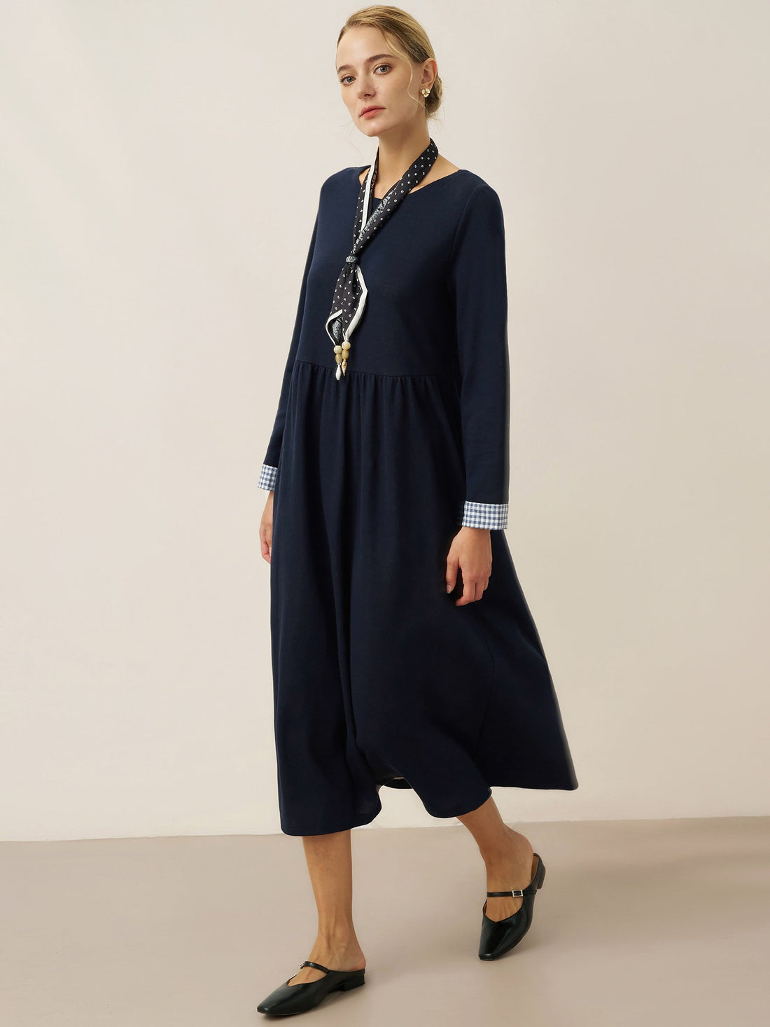 95% Cotton Ruched Long Sleeve Midi Dress