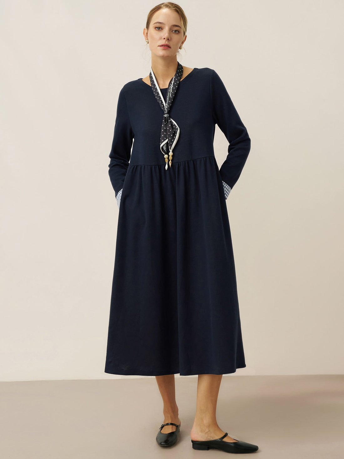 95% Cotton Ruched Long Sleeve Midi Dress
