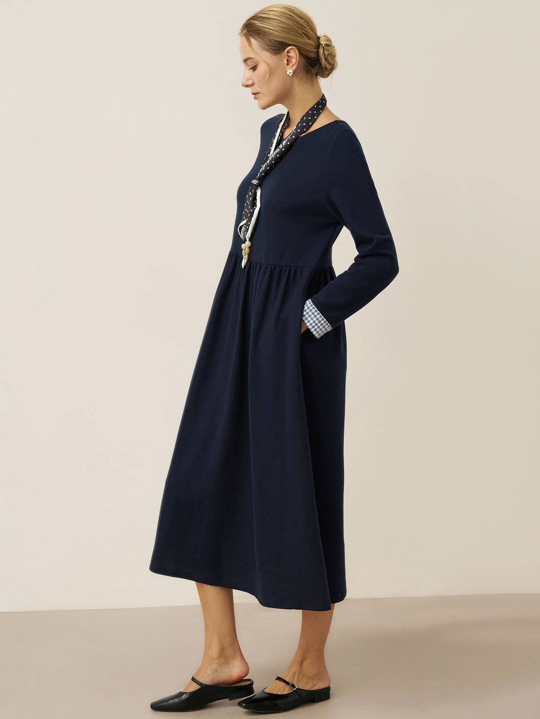 95% Cotton Ruched Long Sleeve Midi Dress